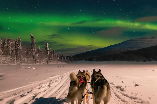 Photo husky sled dogs running on a snowy wilderness road sleddog northern lights under the aurora borealis and moonlight
