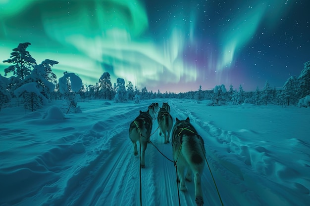 Photo husky sled dogs running on a snowy wilderness road sleddog northern lights under the aurora borealis and moonlight