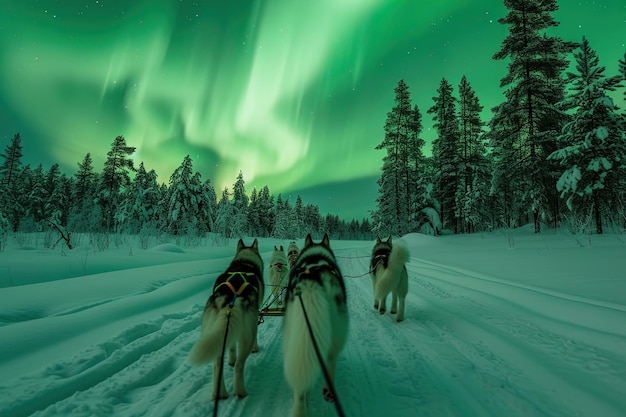 husky sled dogs running on a snowy wilderness road sleddog northern lights under the aurora borealis and moonlight