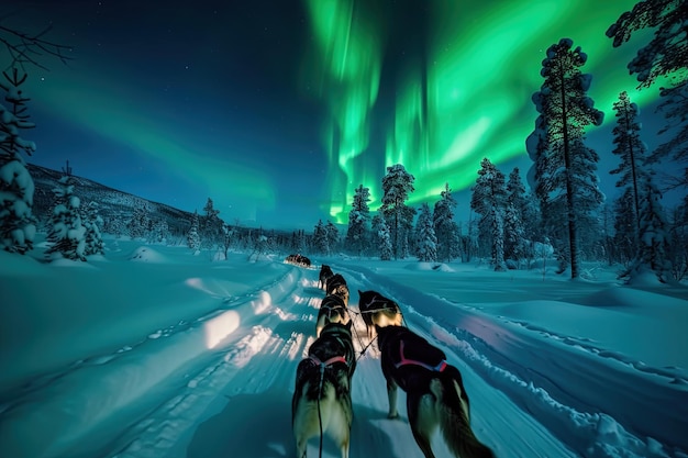 Foto cani da slitta husky che corrono su una strada selvaggia innevata slitta da slitta luci settentrionali sotto l'aurora boreale e il chiaro di luna