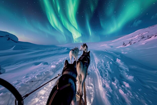 Photo husky sled dogs running on a snowy wilderness road sleddog northern lights under the aurora borealis and moonlight