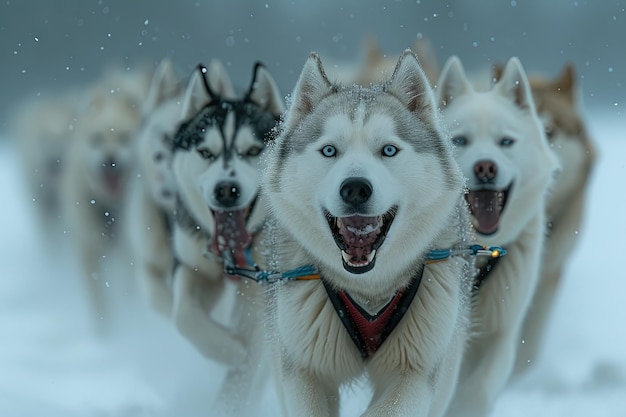 Photo husky sled dogs running on a snowy wilderness road sleddog