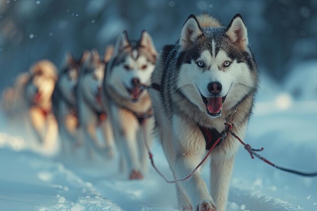 Photo husky sled dogs running on a snowy wilderness road sleddog