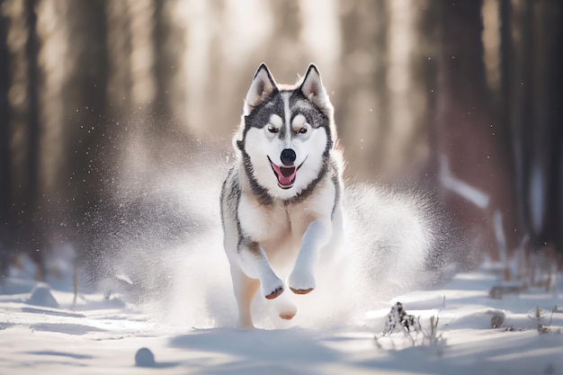 Husky sledehond die door besneeuwd bos loopt met zijn harige vacht en gevederde staart zichtbaar