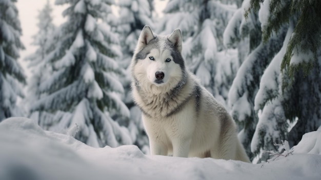 A Husky standing in a snowy oasis