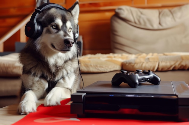 Foto husky con le cuffie seduto accanto a una console da gioco