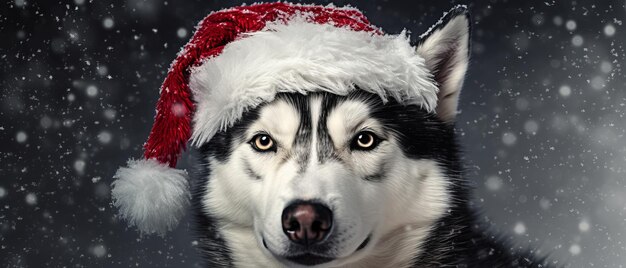 husky with santa claus hat in snow