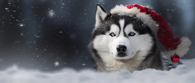 husky with santa claus hat in snow