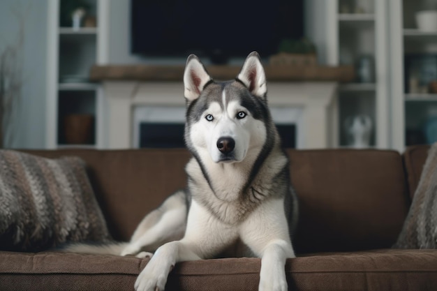 Husky zit in de woonkamer van een huis Generatieve AI