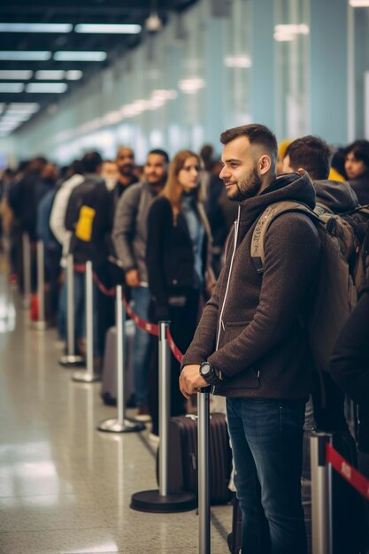 チェックインを待っている人々の長い列で空港の喧