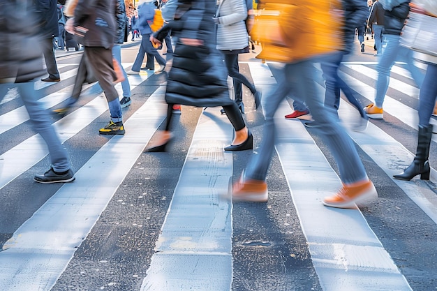 Photo the hustle and flow of city life are captured at a busy pedestrian crosswalk with blurred movements