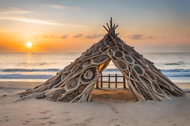 Photo a hut on the beach at sunset