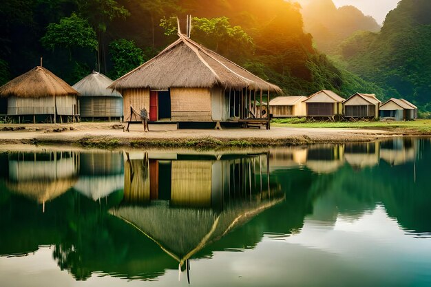 a hut by the water with a sunset in the background