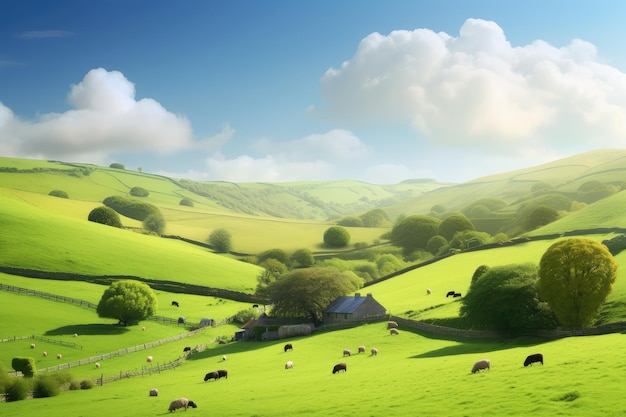 Hut and flock of sheep on green meadow