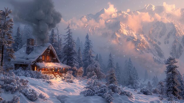 hut in de bergen met met sneeuw bedekte bomen