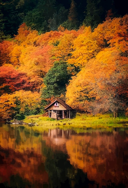 Hut in het bos bij het meerbos in de herfst