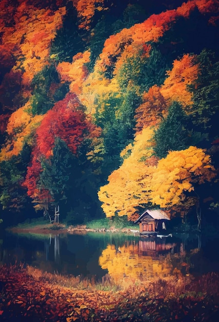 Hut in het bos bij het meerbos in de herfst