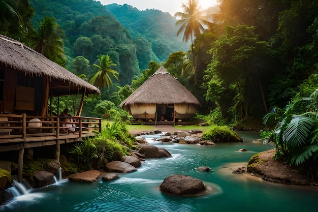 A hut in the jungle with a river running through it