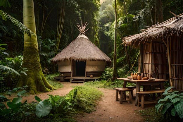 A hut in the jungle with a thatched roof