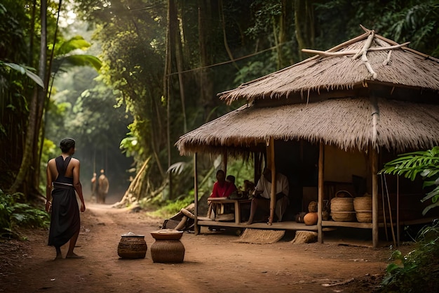 A hut in the jungle with a thatched roof