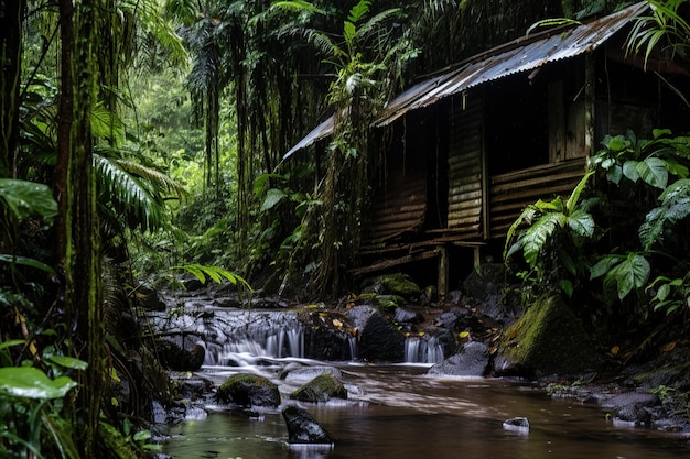 a hut in the jungle with waterfall Generative Ai