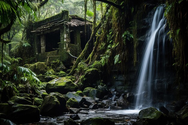 a hut in the jungle with waterfall Generative Ai