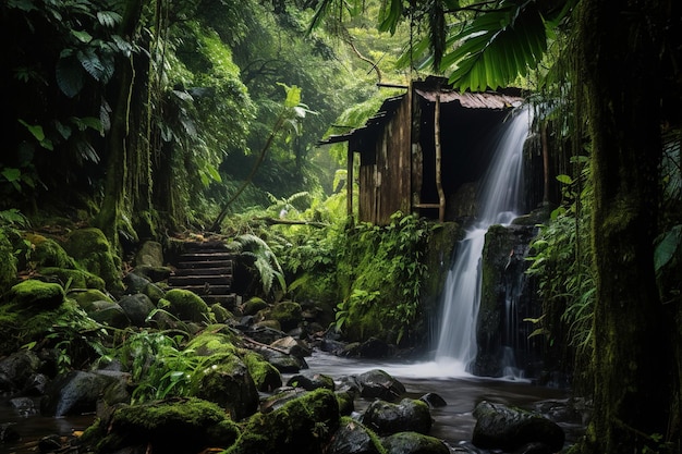 a hut in the jungle with waterfall Generative Ai