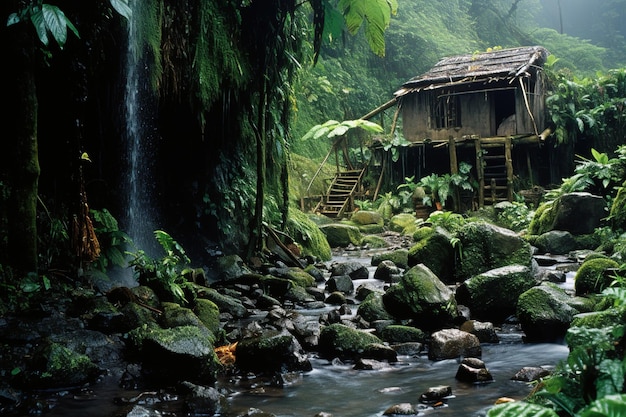 a hut in the jungle with waterfall Generative Ai