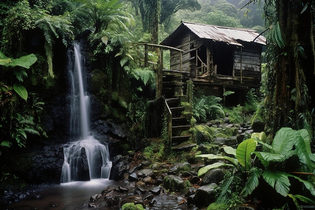 a hut in the jungle with waterfall Generative Ai