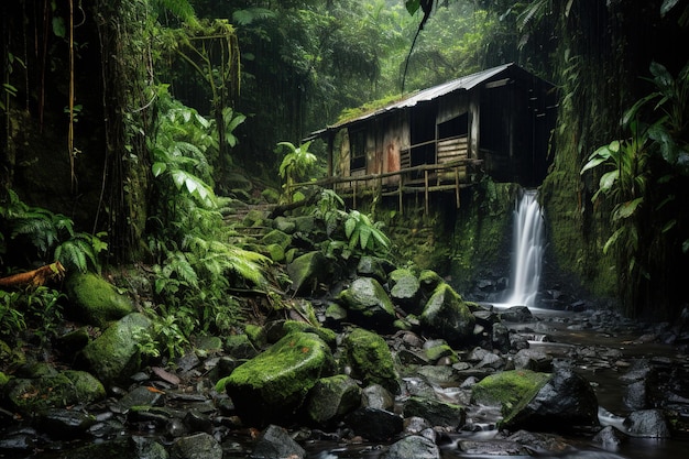 a hut in the jungle with waterfall Generative Ai