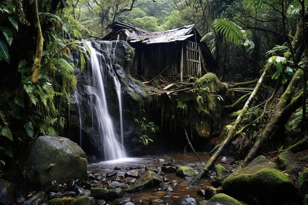a hut in the jungle with waterfall Generative Ai