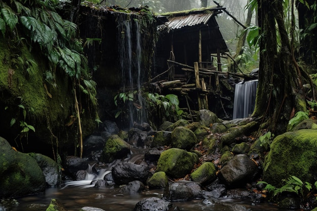 a hut in the jungle with waterfall Generative Ai