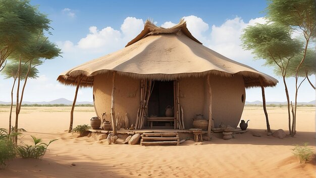 Photo a hut made of mud and straw in the middle of a desert