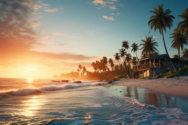 A hut near the sea at sunset in the tropics The concept of recreation and tourism