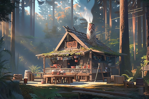 Hut in a secluded forest with tribal decorations