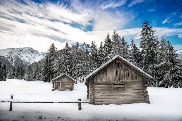 Hut on winter panorama