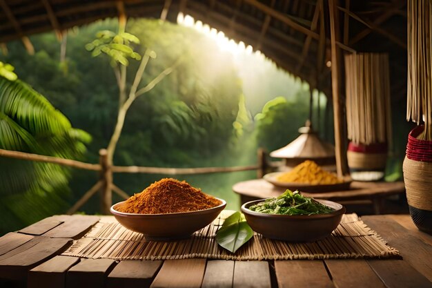 A hut with a bamboo roof and bowls of food