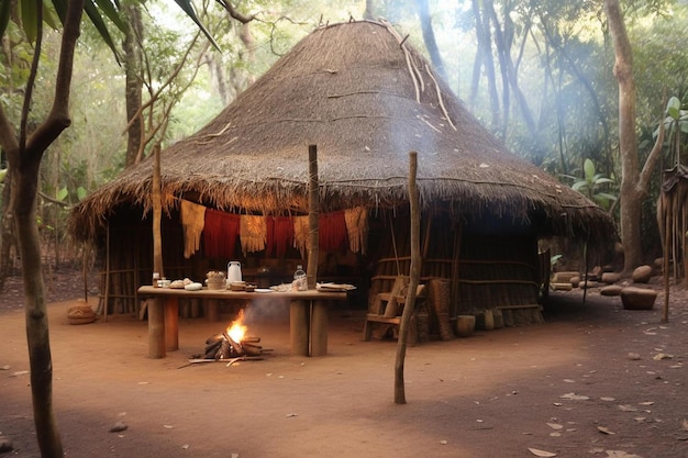 Photo a hut with a fire in the middle of it