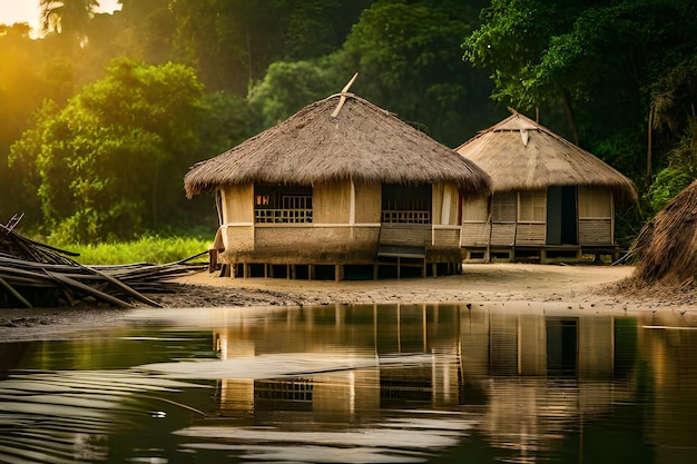 a hut with a thatched roof is on the water