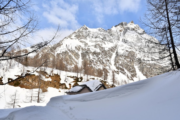 Huts on Alpe Devero in winter