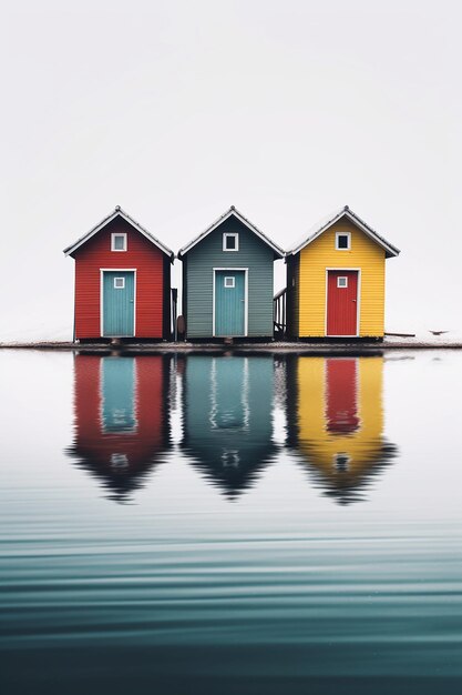 huts lined up in the water in the style of colorful minimalism