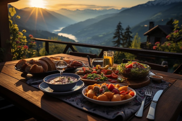 Hutte in Tirol Alm biedt een sereen ontbijt bij zonsopgang op de houten patio