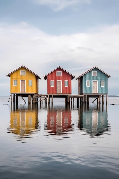 Foto hutten opgesteld in het water in de stijl van kleurrijk minimalisme