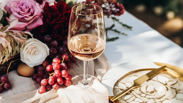 Huwelijk en evenement viering tafel landschap met bloemen formele diner tafel instelling met rozen en wijn elegante bloemen tafel decor voor diner feest en vakantie decoratie huis styling