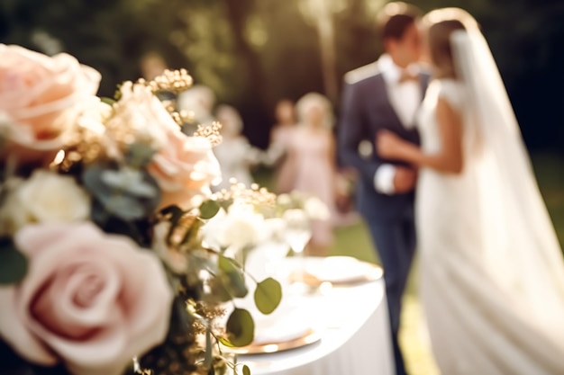 Huwelijksceremonie en viering bruid en bruidegom op een prachtige buitenlocatie op een zonnige dag luxe bruiloft decor met bloemen en bruidsboeket generatieve ai