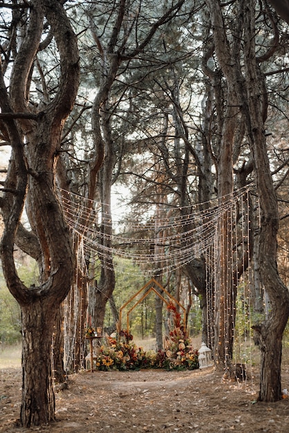 Huwelijksceremonie gebied met gedroogde bloemen in een weiland in een bruin dennenbos