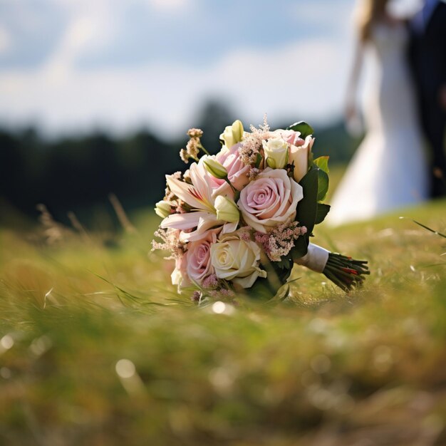 Foto huwelijkscharme bruidsboeket op gras koppel op de achtergrond voor social media post size