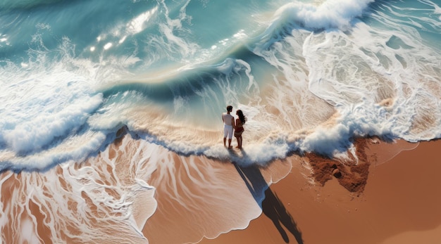 Huwelijksreispaar dat op zonsondergang romantische wandeling op het belangrijkste strand van Lover loopt
