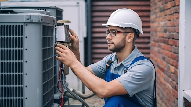 Техник HVAC, работающий на конденсаторной части конденсационного блока