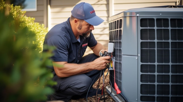 HVAC スタッフが熱ポンプのメンテナンスを行う 背景は高品質の写真をスプラッシュしない 高品質の写真